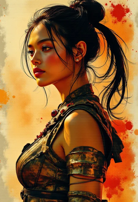 nistyle, mwv7_alpha_v01, ArsMJStyle, Expressive Watercolor Ink Wash, Inkplash art on rice paper, sepia, henna , Silhouette Art, magnificent, stunning japanese woman, long flowing hair, sidelocks, dark eyeshadow, bronze age fantasy armour, jewelled circlet