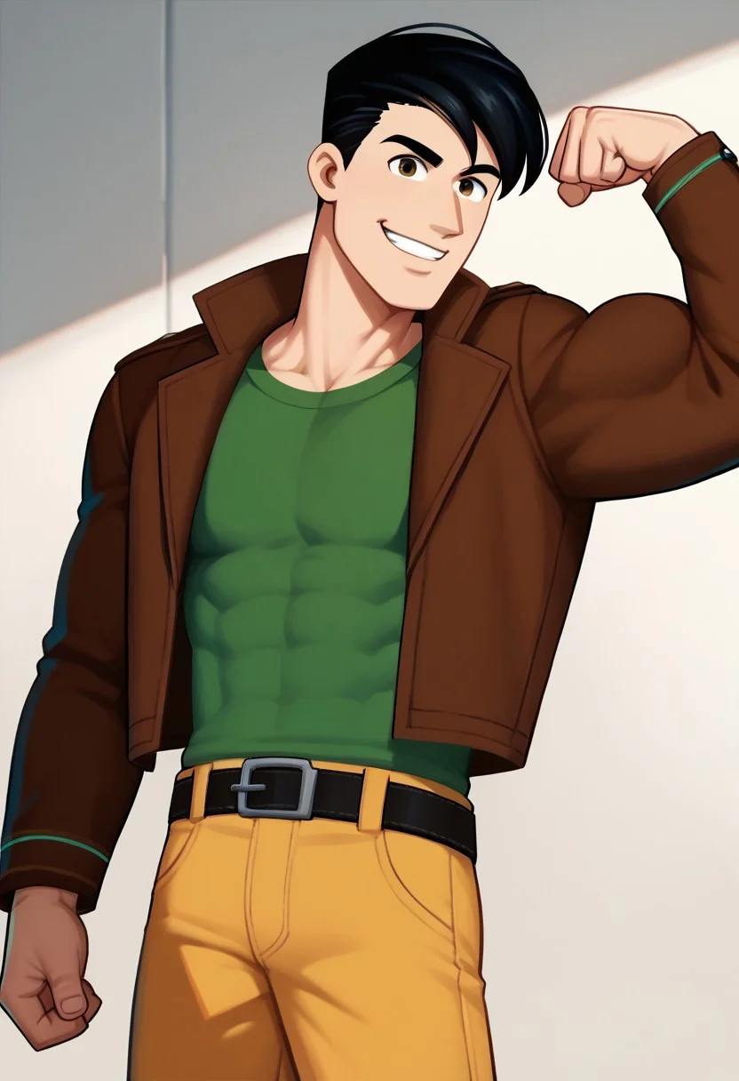 score_9, score_8_up, score_7_up BREAK RyanDef, 1boy, black hair, brown eyes, open brown jacket, green undershirt, belt, buckle, yellow pants, cowboy shot, flexing muscles, posing for viewer, muscular, flexing, smiling,