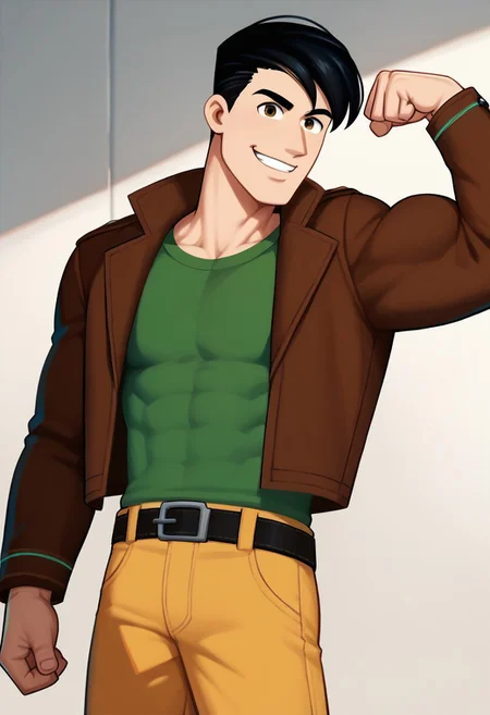 score_9, score_8_up, score_7_up BREAK RyanDef, 1boy, black hair, brown eyes, open brown jacket, green undershirt, belt, buckle, yellow pants, cowboy shot, flexing muscles, posing for viewer, muscular, flexing, smiling,