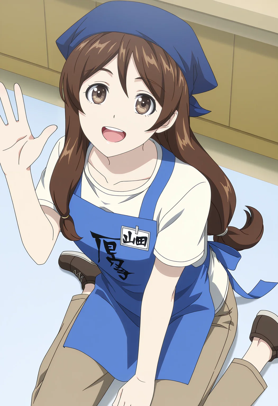 <lora:YAMADA_illustrious-000056:1>,
YAMADA,brown eyes,brown hair,low-tied long hair,
blue headwear,shoes,name tag,blue apron,brown pants,white shirt,
shirt,short sleeves,anime coloring,open mouth,solo,collarbone,from_above,wariza,smile,upper teeth only,waving