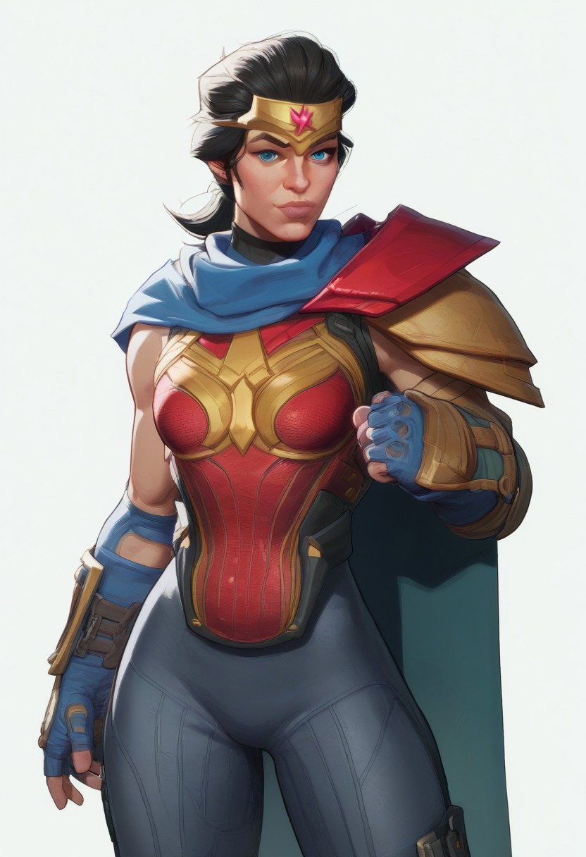 (((cel-shading))), (((solo focus))),
score_9, score_8_up, score_7_up, score_6_up, ((fighting stance)), looking at viewer, cowboy shot, cowboy shot, 
,(((MarvelRivals))), <lora:AMarvelRivals_style:0.85>, cartoon, aura, facing veiwer, 
wnderwmanxl,black hair,blue eyes,low ponytail, gold headband,bodysuit,armor,cape,bare shoulders,
thin waist, round hips, wide hips, (((cute expression))), smile,
(dynamic angle), (((plain background, white background)), background out of focus, (((simple background))),
(((tactical gear))), (armor), mercenary, combat gear
(dynamic angle),