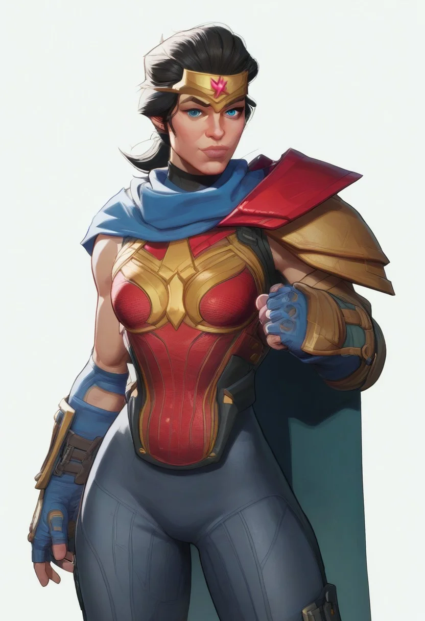 (((cel-shading))), (((solo focus))),
score_9, score_8_up, score_7_up, score_6_up, ((fighting stance)), looking at viewer, cowboy shot, cowboy shot,
,(((MarvelRivals))), <lora:AMarvelRivals_style:0.85>, cartoon, aura, facing veiwer,
wnderwmanxl,black hair,blue eyes,low ponytail, gold headband,bodysuit,armor,cape,bare shoulders,
thin waist, round hips, wide hips, (((cute expression))), smile,
(dynamic angle), (((plain background, white background)), background out of focus, (((simple background))),
(((tactical gear))), (armor), mercenary, combat gear
(dynamic angle),