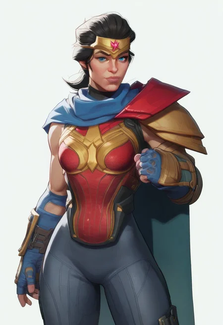 (((cel-shading))), (((solo focus))),
score_9, score_8_up, score_7_up, score_6_up, ((fighting stance)), looking at viewer, cowboy shot, cowboy shot,
,(((MarvelRivals))), <lora:AMarvelRivals_style:0.85>, cartoon, aura, facing veiwer,
wnderwmanxl,black hair,blue eyes,low ponytail, gold headband,bodysuit,armor,cape,bare shoulders,
thin waist, round hips, wide hips, (((cute expression))), smile,
(dynamic angle), (((plain background, white background)), background out of focus, (((simple background))),
(((tactical gear))), (armor), mercenary, combat gear
(dynamic angle),