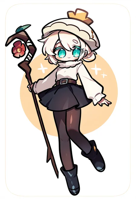 1girl, solo, smile, flower, holding, skirt, hat, aqua eyes, black footwear, long sleeves, staff, white hair, black skirt, full body, red flower, belt, looking at viewer, holding staff, pantyhose, black pantyhose, humanization, blue eyes, blonde hair, shirt, chibi,
masterpiece,best quality,amazing quality, <lora:omoyunakyu715-_style_Illustrious:1>, omoyu_nakyu715,
