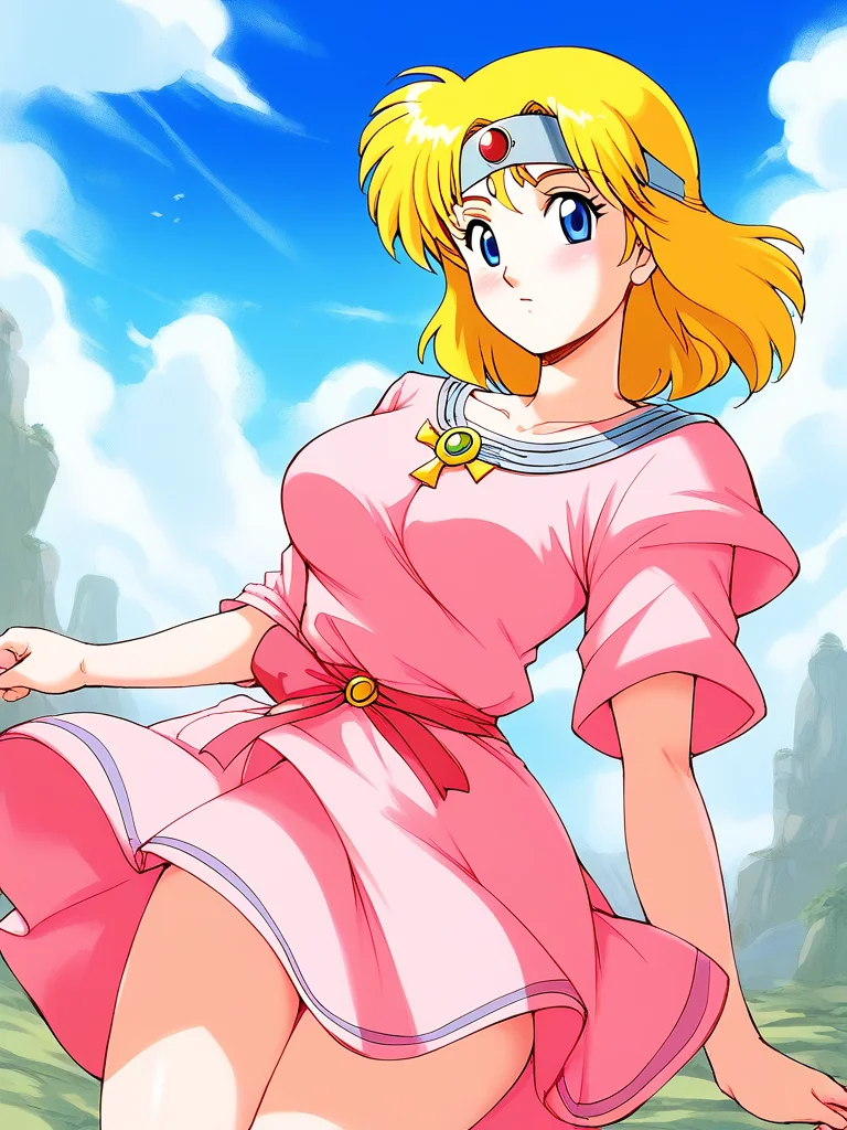 score_9, score_8_up, score_7_up, source_anime, rating_explicit, BREAK <lora:Sister_Ultima_Exodus_TG_XL:0.8>Sister_Ultima_Exodus, blonde hair, blue eyes, medium hair, headband, circlet, breasts,
pink dress, pink skirt, blue line,
sky, day, fantasy,