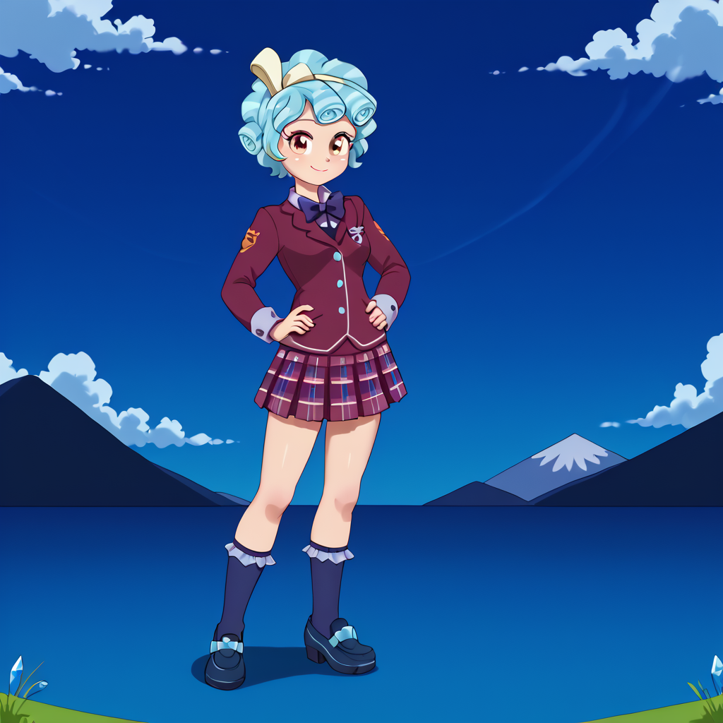 detailed background, outdoors,  <lora:EUF-Dreamer_style:1> euf-dreamer style, Cozy Glow, full body, human, 'no tail', 1girl, solo, female child, Crystal prep skirt uniform,