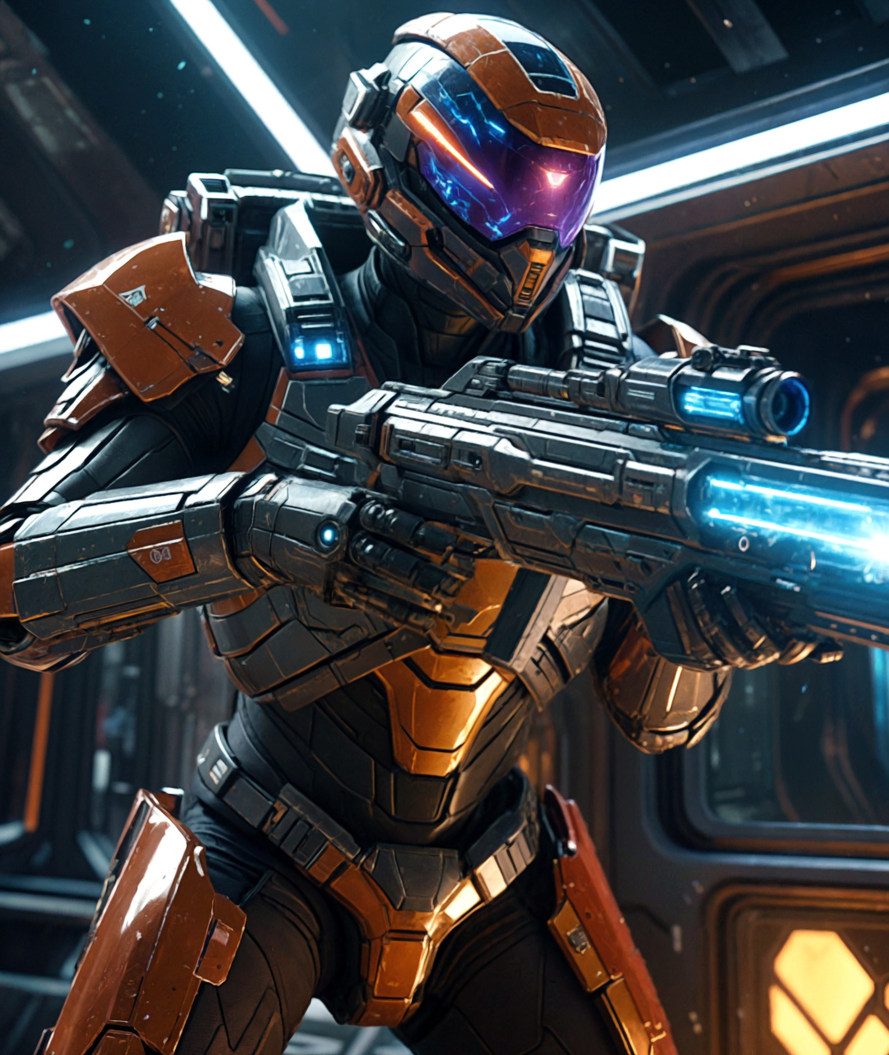 Cinematic movie film still , crystal armor, sharp details, the expanse scifi stars outside a space ship window, (aiming down the sights of a plasma rifle) , intricate, highly detailed, , rich color, , sharp focus, illustration, Unreal Engine 5, 8K.