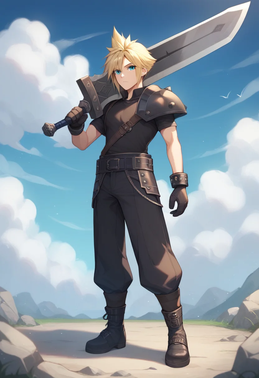 score_9,score_8_up,score_7_up,<lora:huge_weapon_pony:1>,1boy, cloud strife, solo, male focus, full body, holding weapon, holding, holding sword, looking at viewer, blue eyes, aqua eyes, hair between eyes, blonde hair, spiked hair, short hair, boots, shirt, black shirt, black footwear, armor, pants, gloves, shorts, shoulder armor, black pants, belt, open collar, short sleeves, over shoulder, jewelry, weapon over shoulder, sailor collar, weapon, sword, buster sword, bracelet