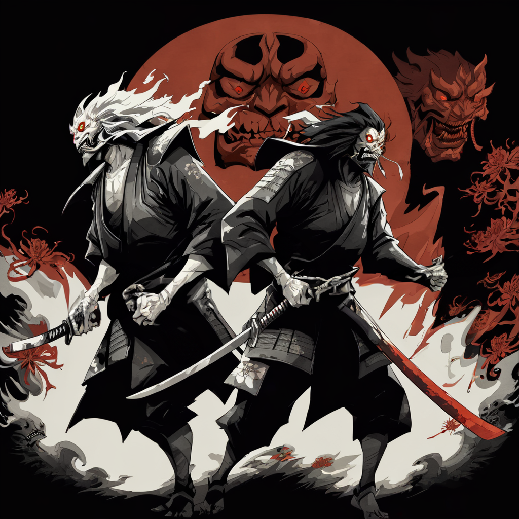 <lora:hu4lu:1>hu4lu 2 samurais with evil face holding swords black background