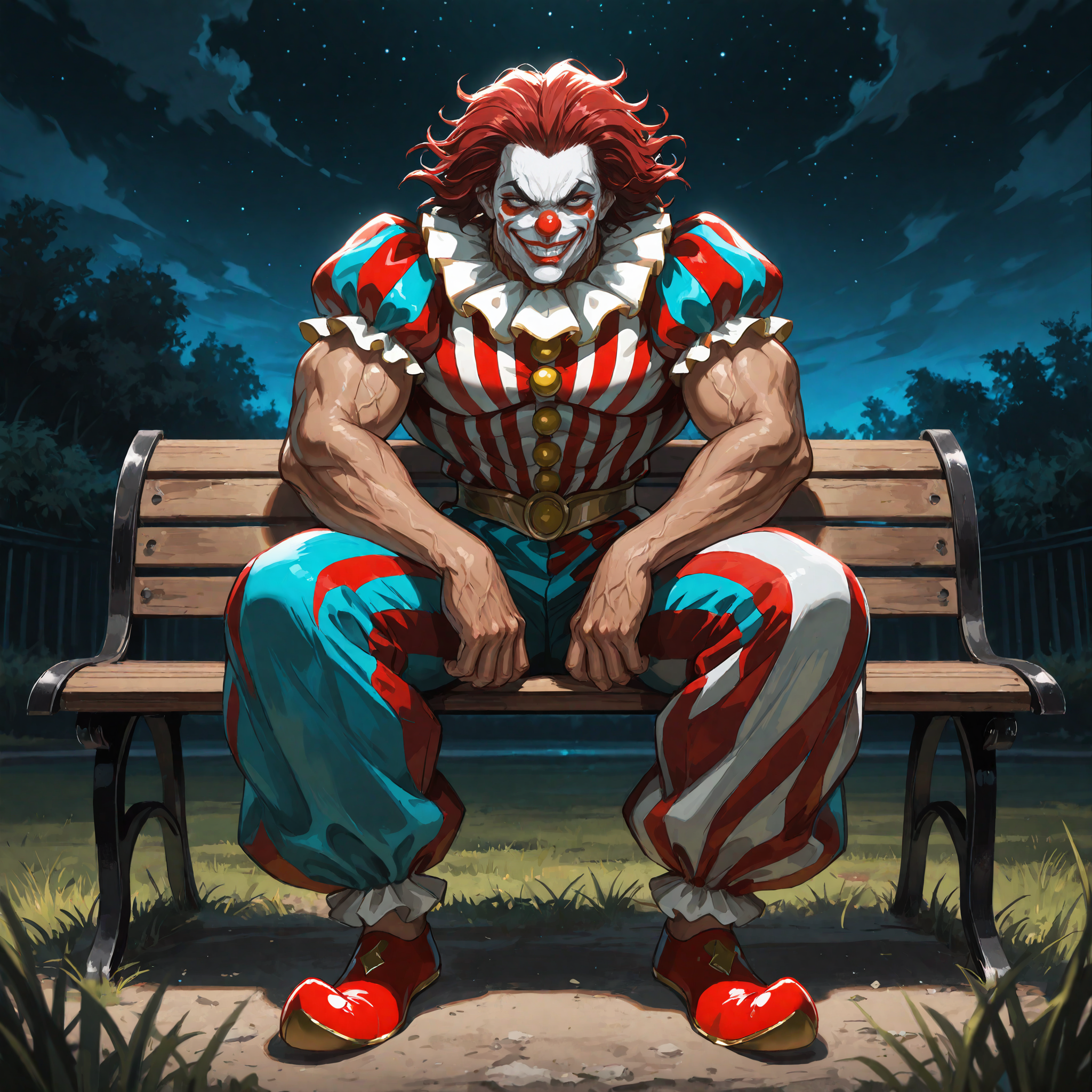 masterpiece, best quality,newest, amazing_quality,<lora:spo_sdxl_10ep_4k-data_lora_webui:1> <lora:NOOB_vp1_detailer_by_volnovik_v1:1>1boy, solo, Yujiro_Hanma, male focus,  (dark_skin:1.2),red hair, manly, veins, manly,((very muscular, very toned, muscular male:1.2)),bad proportions,<lora:Char-Yujiro_Hanma-IllustriousV3:.8>sitting, on_bench, outdoors, grass, very happy, clown_outfit,  clown nose, grin, clown shoes, staring, looking at viewer, glaring, from straont, straight-on, clown_makeup,night, night sky,