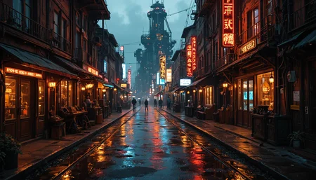 masterpiece, best quality, amazing quality, very aesthetic, high resolution, ultra-detailed, absurdres, scenery, photo, realistic, neon lights, cinematic, no humans, environment, cyberpunk AND steampunk, landscape, BREAK, depth of field, photorealistic details