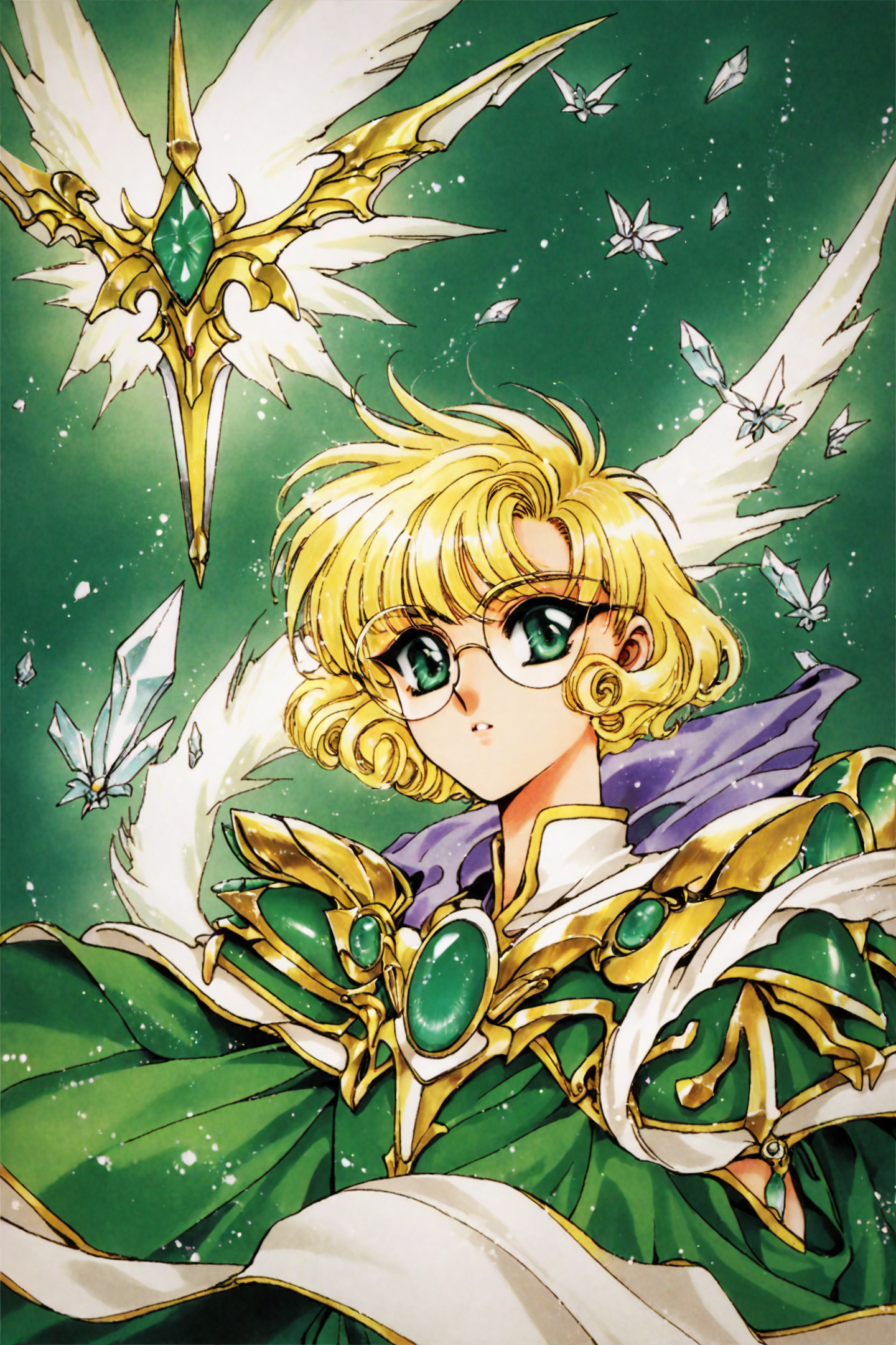 score_9,score_8_up,score_7_up,masterpiece,best quality,
Magic Knight Rayearth,
Hououji Fuu,1girl,solo,green theme,short hair,blonde hair,crystal,retro artstyle,1990s \(style\),glasses,round eyewear,cape,green eyes,
<lora:CLAMP_XL_PONY:0.8>,