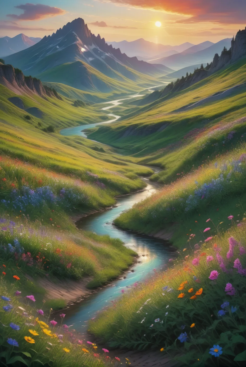 xl_kk, summer landscape, foreground of vibrant wildflowers on a rolling hill, winding river leading to a small lake, backdrop of pinty mountains of soft colour, setting sun, few volumetric clouds, vivid colours, <lora:Saturated_Landscape_XL-KK:1>