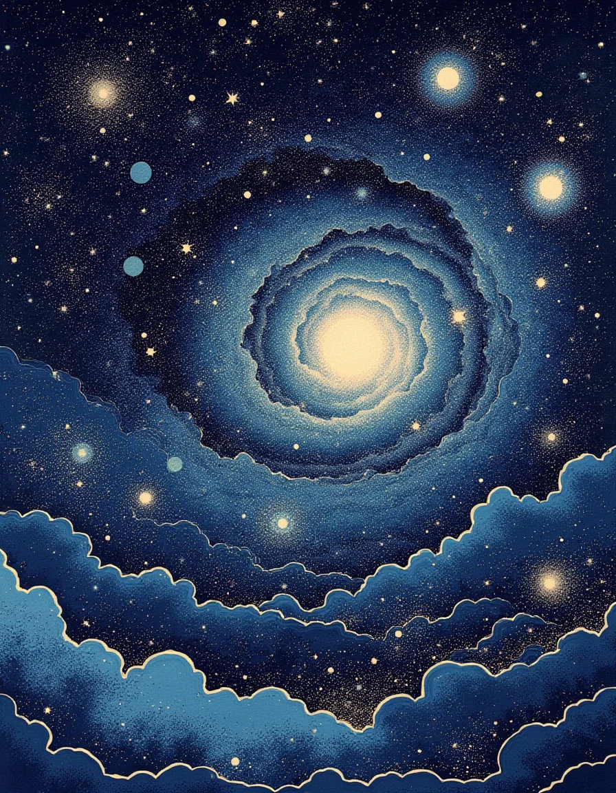 Ukiyo-e style by Hokusai, a sweeping macrocosm view where multiple galaxies are colliding, creating a mesmerizing tapestry of star formation and cosmic dust, awe-inspiring style