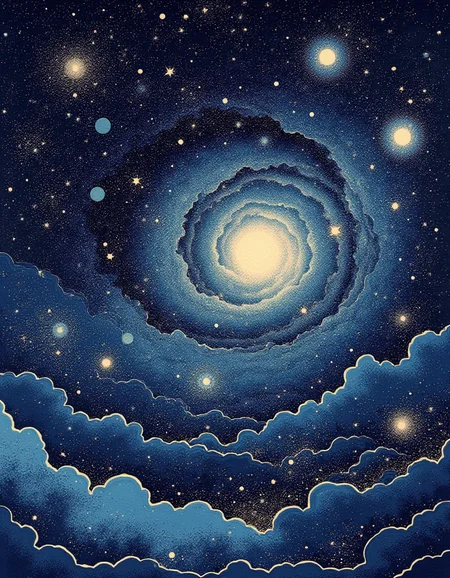 Ukiyo-e style by Hokusai, a sweeping macrocosm view where multiple galaxies are colliding, creating a mesmerizing tapestry of star formation and cosmic dust, awe-inspiring style