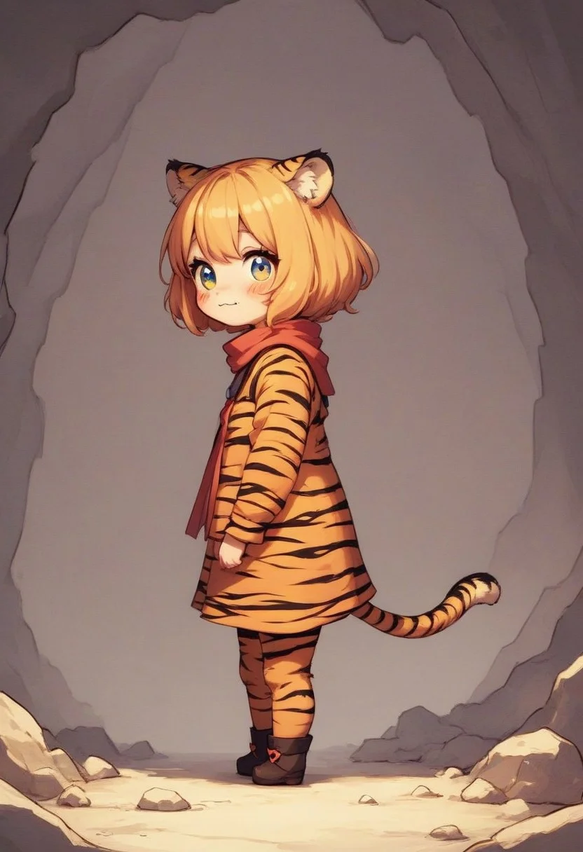 score_9, score_8_up, score_7_up, best quality, fine detail, cute, tiger girl, chibi, standing, from side, shy, in a cave, rocks