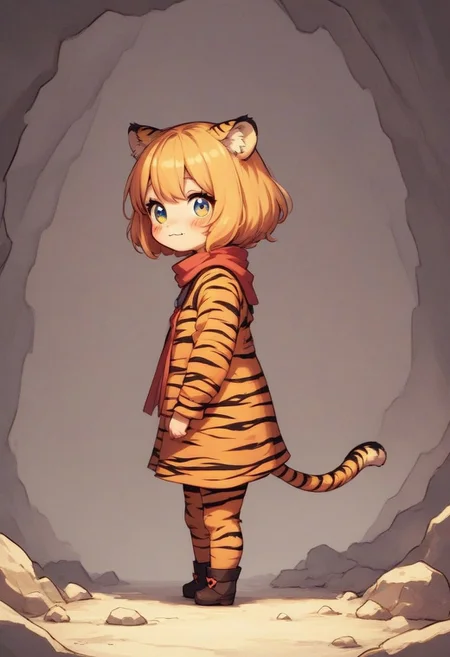 score_9, score_8_up, score_7_up, best quality, fine detail, cute, tiger girl, chibi, standing, from side, shy, in a cave, rocks