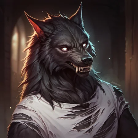 (((detailed, beautiful, high quality))), score_9, score_8_up, score_7_up, upper body,
werewolf, furry wolf, fangs, tail,
1 male, black fur, white eyes, torn white shirt, torn clothes,
blurred background, fantasy background, rustic background, dark background,