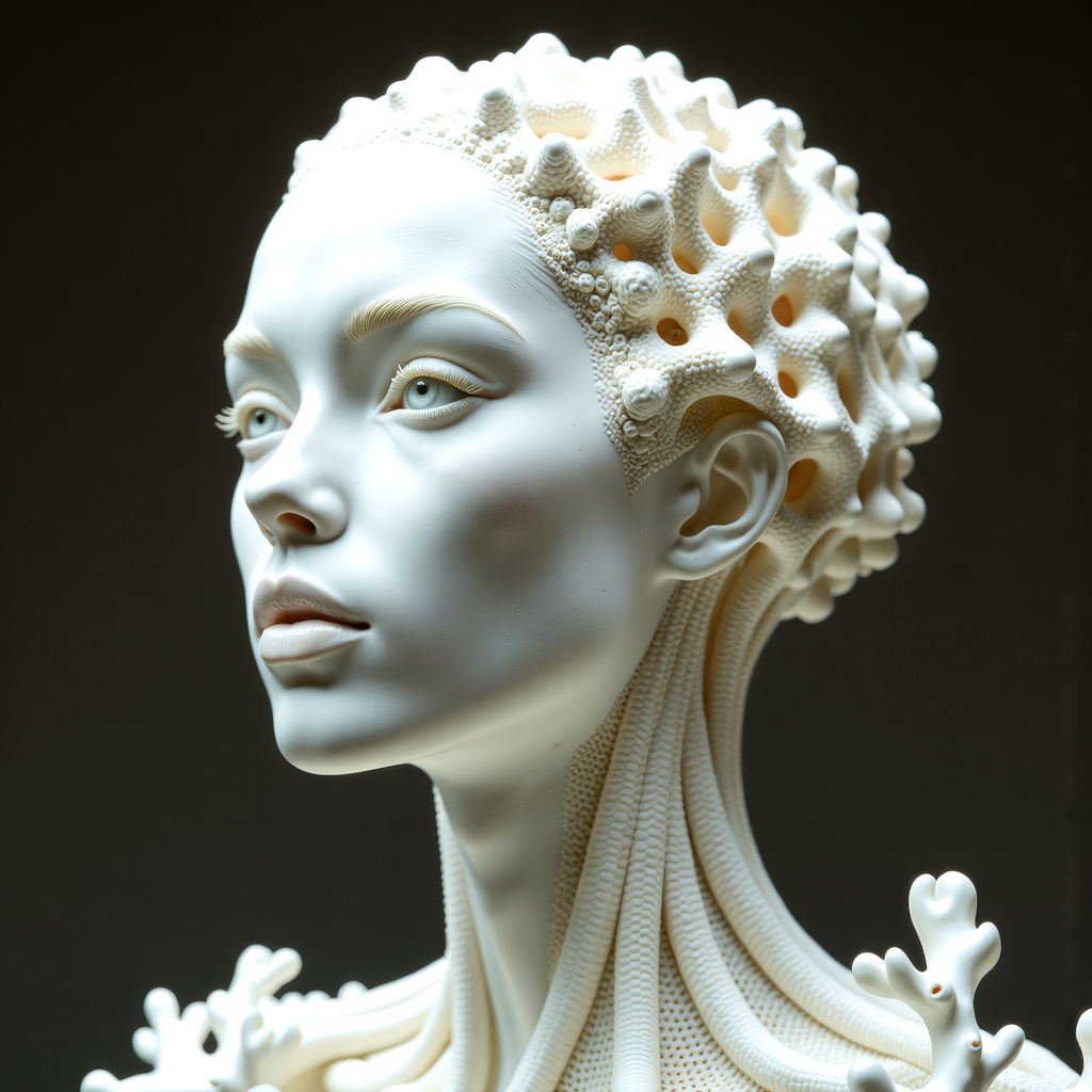 breathtaking Feast your eyes upon this astonishingly lifelike sculpture of a synthetic coral girl, whose organic form has been expertly molded to mimic the complex structure of a neural network. Devoid of hair, her mechanical visage boasts an unsettling yet captivating pattern of trypophobic indentations, drawing the viewer in with a magnetic pull. Crafted from lustrous white porcelain, her flawless skin reflects the soft glow of natural lighting, casting intricate shadows that reveal the staggering level of detail contained within. Boasting razor-sharp focus and hyperrealistic textures, this masterwork pushes the limits of photorealism to previously unexplored heights. Every minute crease and fold has been meticulously reproduced, resulting in an incredibly lifelike representation that seems almost poised to spring forth from the screen. Shot using top-of-the-line DSLR equipment capable of recording in 8K UHD and HDR, this ultra-detailed image possesses a breathtaking clarity and depth rarely achieved in digital media. . award-winning, professional, highly detailed  <lora:scifi/moxiePunk_v20.safetensors:1.0>,  <lora:flux/Realism 2>, <lora:fantasy_portrait_by_cosmic>,
