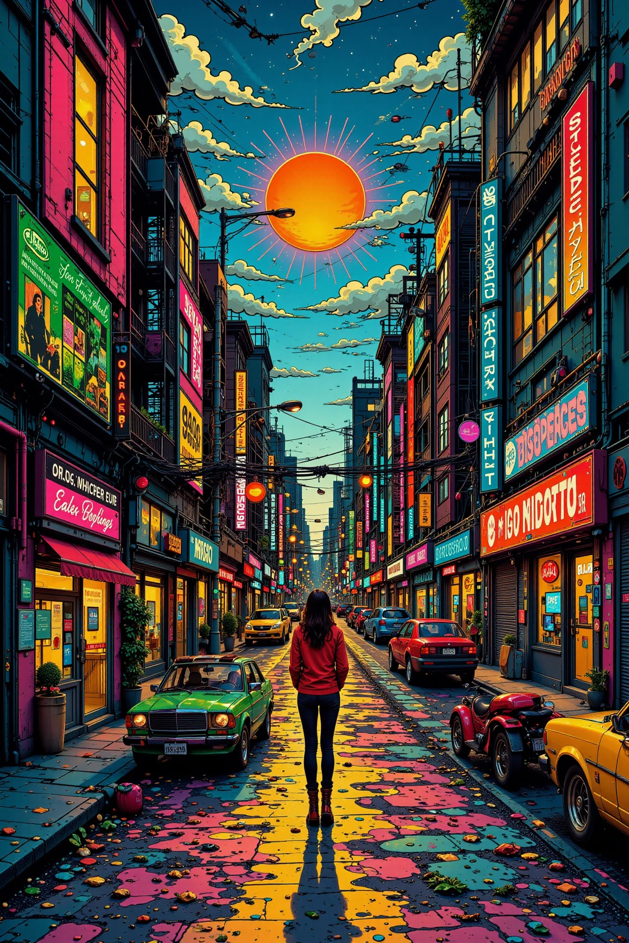 1960s 60's city, early morning, woman, very intricate, very detailed, sharp, bright, colorful, <lora:Hand v2:0.5> <lora:Anti-Blur:1><lora:Insane Detail Slider:0.25>  <lora:flux.1_lora_flyway_Epic-detail_v2:0.3> <lora:fluxenhancer:0.25> <lora:ck-Neon-Retrowave:0.4> ck-rw, in the style of ck-rw,  <lora:Neurocore Anime Cyberpunk:0.8> A digital artwork in the style of cknc