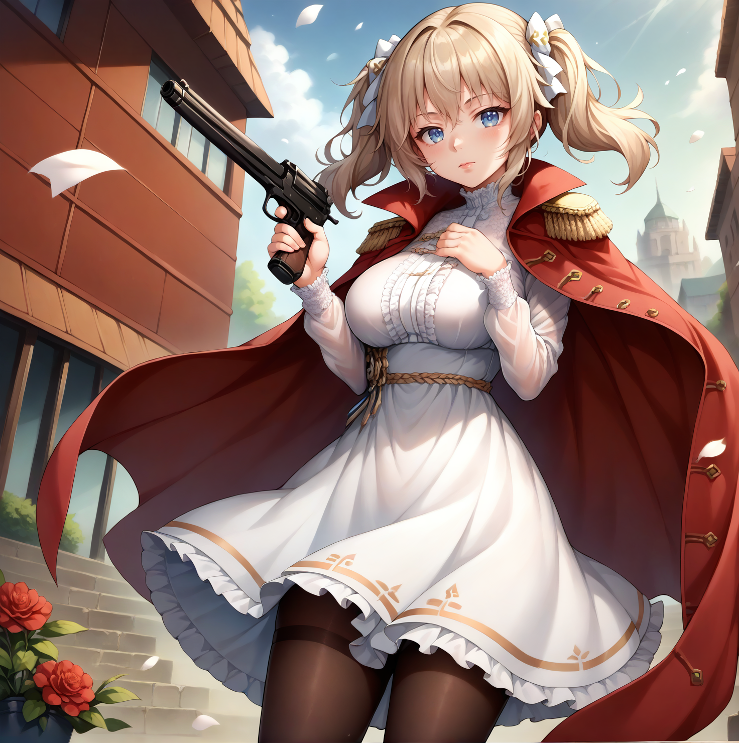 score_9, score_8_up, score_7_up, source_anime, (detailed background),  intricate detail, rating_questionable, BREAK,<lora:Pony_DetailV2.0:1.5>,  curvy, webley, <lora:webley.pony:1>, white dress, pantyhose, red coat, gun