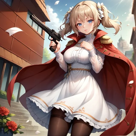 score_9, score_8_up, score_7_up, source_anime, (detailed background), intricate detail, rating_questionable, BREAK,<lora:Pony_DetailV2.0:1.5>, curvy, webley, <lora:webley.pony:1>, white dress, pantyhose, red coat, gun