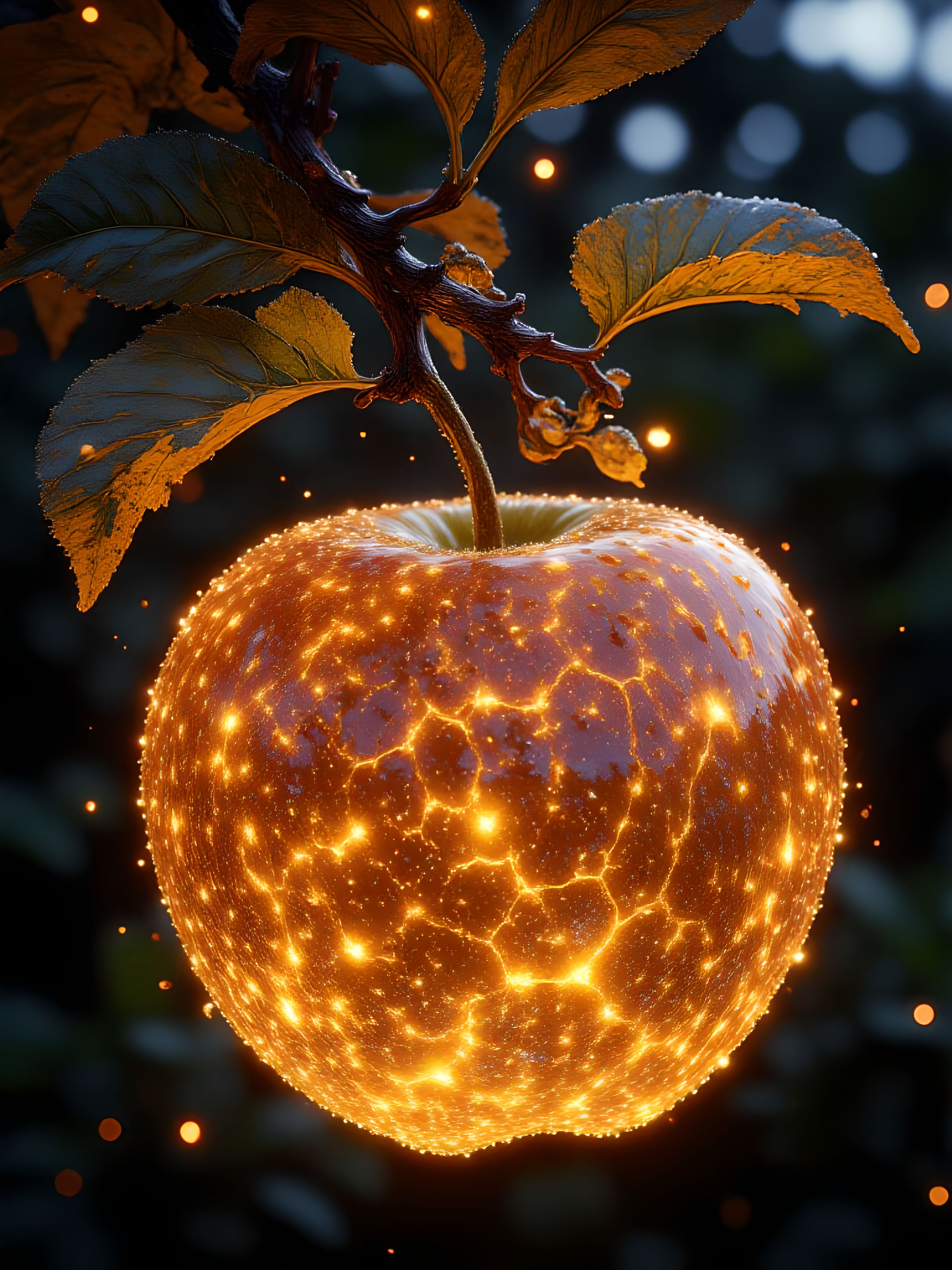 A stunning ASCII art representation of a delicate, large apple crafted entirely from glowing opal textures, hanging gracefully from a branch. The piece showcases exquisite detail with dew drops sparkling like tiny diamonds on the branch, catching the soft, golden hues of dawn. Behind the apple, valleys unfold in intricate patterns, capturing an ethereal glow and a sense of divine serenity. The composition features volumetric light streaming through the scene, highlighting bioluminescent textures within the apple. This masterpiece balances sharp focus and artistic abstraction, creating a dreamlike, hyper-detailed studio photo aesthetic. aidmaimageupgrader, aidmaMJ6.1m, detailmaximizer, mythp0rt, ne0nfant4sy, drkfnts <lora:aidmaImageUpgrader-FLUX-V0.2:1.0> <lora:flux.1_lora_flyway_Epic-detail_v2:0.8> <lora:aidmaMJ6.1_aidmaMJ6.1-FLUX-v0.4:0.8> <lora:v1v1dr34m:0.7> <lora:aesthetic2-cdo-0.5:0.8> <lora:mythp0rt_FluxMythP0rtr4itStyle:0.7> <lora:ne0nfant4sy_NeonFantasyPrimeFLUX-000049:0.7>