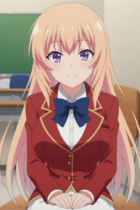Honami Ichinose,anime screencap,1girl,solo,mature,long hair,school,white shirt,collared shirt,bowtie,uniform,bow,skirt,breasts,looking at viewer,smile,indoors,corridor,sitting,desk,classroom,red jacket <lora:Honami Ichinose - PDXL2.safetensors:0.8>
