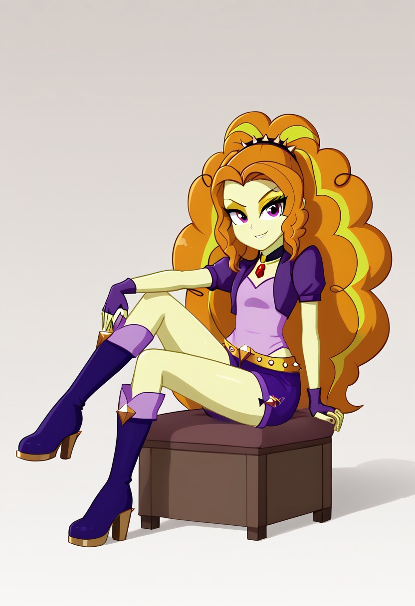 (High Resolution), (More Details), (8K), (High Resolution), ng_deepnegative_v1_75t, easynegative, Adagio Dazzle, Equestria Girls, 1 girl, alone, Gem, headband, choker, purple outfit, fingerless gloves, shorts, pantyhose, Purple boots, Sitting, legs crossed, Posing sexy and sensual, sexy pose, Full body, modeling, one hand on the waist, seductive and sensual look, Sitting in an armchair
