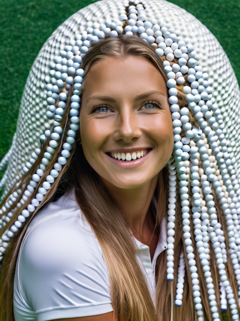 <lora:g0lfb4lls_v2:1>, high quality, high resolution, photo, woman, long hair, made of golf balls, smile