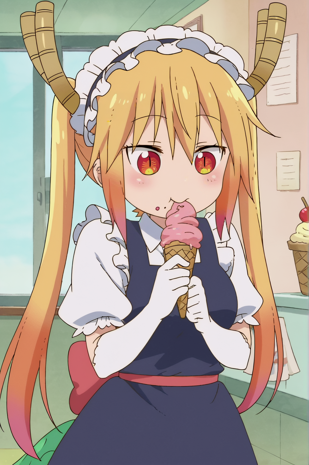 score_9, score_8_up, score_7_up,anime_source, source_anime, best background, detailed background, anime screencap  Tohru, solo, eating, ice cream, blush, indoors, cowboy shot, tail,  <lora:JN_Tohru_Pony:0.8>