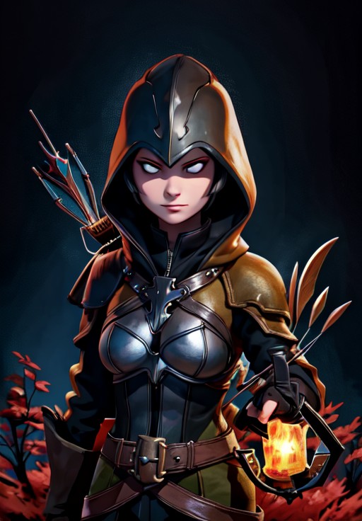 <lora:demon_hunter:0.8>, demon_hunter, 1girl, portrait, smirk, darkness, black clothes, holding crossbow,, (cognitive, dramatic, enchanting, imaginary, methodological:1.3)