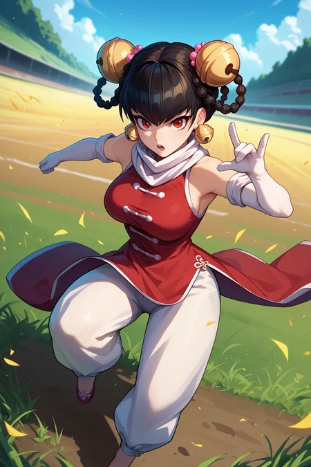 score_9, score_8_up, score_7_up, score_6_up, source_anime, 1girl, solo <lora:opmlinlin-pdxl-nvwls-v1-000005:1> opmll, black hair, short hair, hair rings, twin braids, red eyes, hair bell, earrings, white scarf, chinese clothes, red shirt, sleeveless, elbow gloves, white pants, large breasts, looking at you, full body, fighting stance, open mouth, field, blue sky