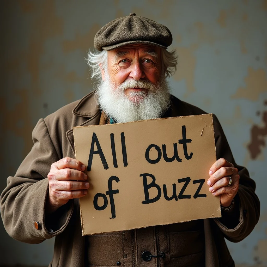 Image of a grandfather holding a sign saying "All out of buzz". He is dressed in old clothing