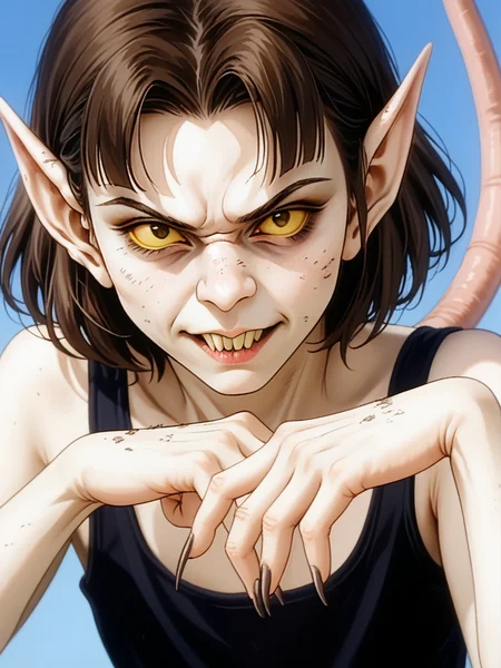 score_9, score_8_up, score_7_up, 1girl, solo, <lora:100_ratrot_pdxl:1>, ratrot, bad skin, hairy, warty, dark sharp nails, hand, yellow sclera, rr_pointed_ears, rr_tail, rr_teeth, rr_nose, woman, rr_pose, hunched over, rat tail, short hair, brunette, young, legs