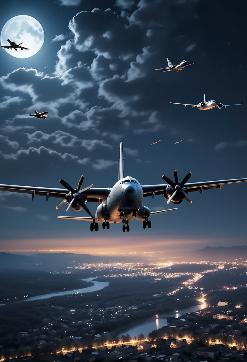 photo of deep within enemy territory, the military plane gathering critical intelligence, during spring, under the moonlight ,Masterpiece,best quality, raw photo, realistic, very aesthetic