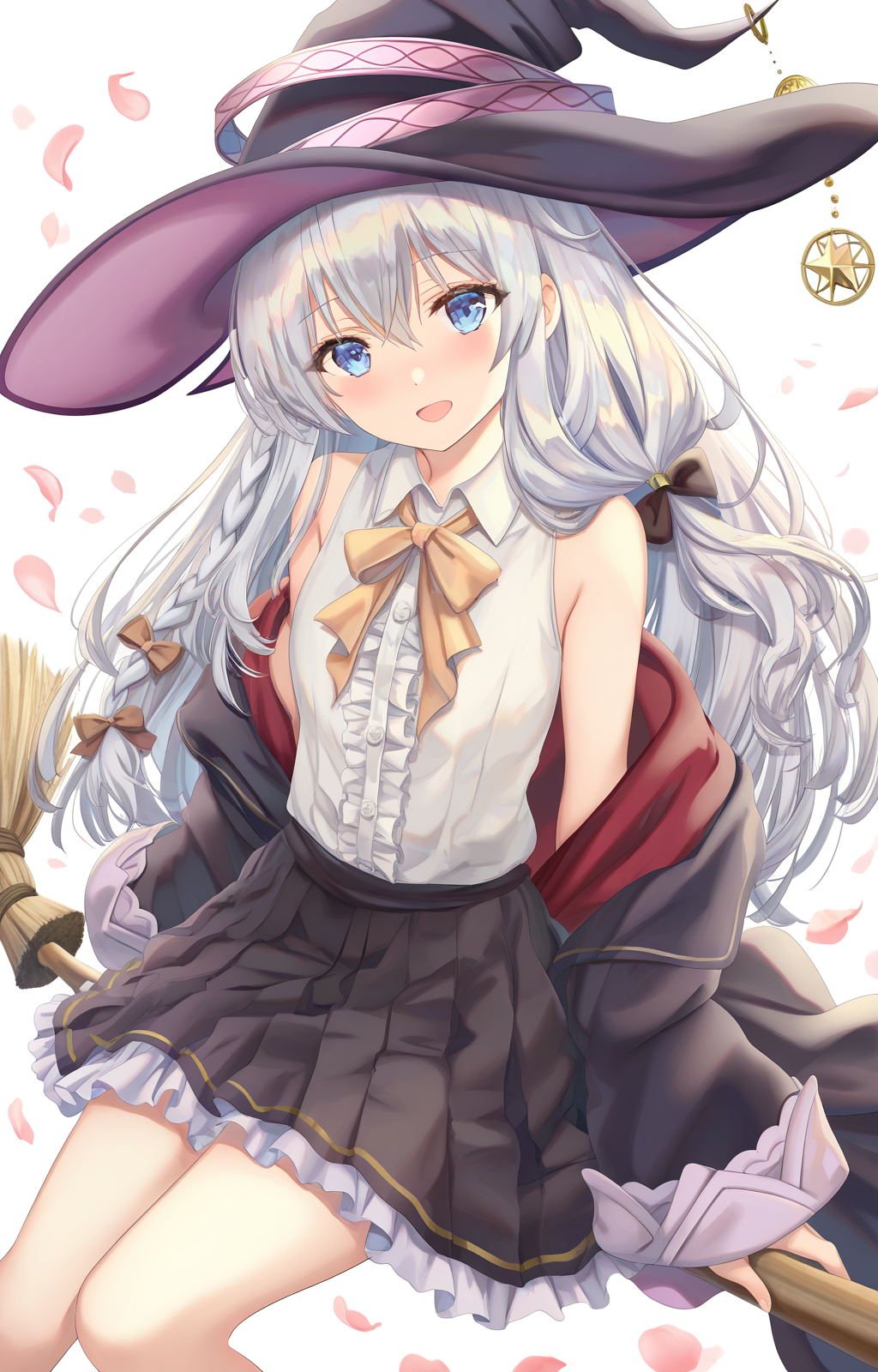 <lora:torino:1>,torino,1girl,elaina (majo no tabitabi),solo,sidesaddle,hat,shirt,broom,long hair,witch hat,skirt,broom riding,frills,open mouth,smile,white shirt,bow,sleeveless shirt,braid,looking at viewer,collared shirt,white background,sleeveless,black headwear,black skirt,ribbon,blue eyes,witch,petals,blush,bare shoulders,off shoulder,open clothes,:d,sitting,pleated skirt,neck ribbon,simple background,frilled skirt,white hair,frilled shirt,bowtie,long sleeves,hair bow,brown bow,center frills,