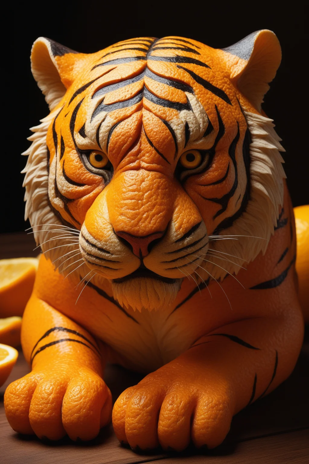 high quality,masterpiece,ultra-high resolution,incredible composition,extremely detailed, <lora:Orange_Peel:0.7>, A ferocious tiger crafted from orange peel, its striped pattern formed by citrus skinâs natural texture. Its eyes burn with intensity, peel glistening. Ultra-high resolution macro, showcasing every rugged detail. Background: dark wooden plank, warm amber light, scattered citrus zest and cloves for a bold food photography aesthetic.