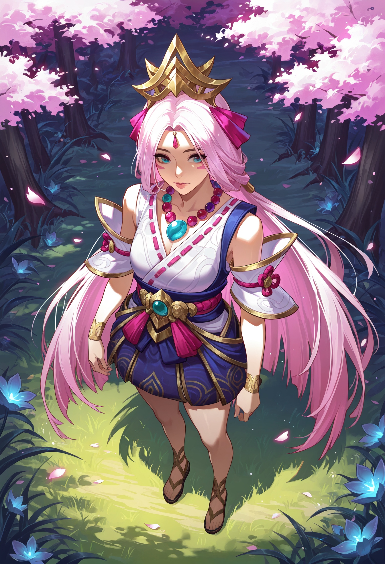 masterpiece, high quality, scenery, highres, absurdres,  1girl,sba, lips,sba outfit, long hair, sagging breasts, medium breasts,   breasts,  from above, full body, sandals, bushes, grass, flowers,  standing,  bracelet, bare shoulders, detached sleeves,  hair ornament,  jewelry, very long hair, closed mouth, pink hair, white hair,necklace,   parted bangs, facial mark, beads, bead necklace,  grass,forest, sakura tree, sakura petals,  shade, dark,  dappled sunlight,