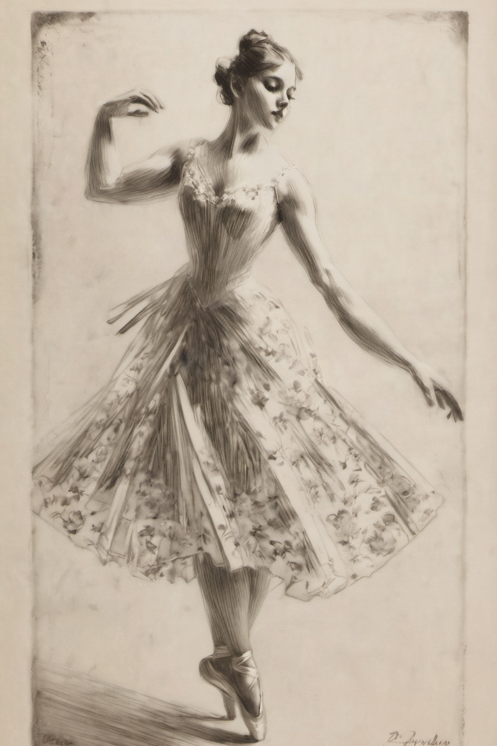 best quality, traditional media, pencil sketch style, zorn, 1 girl, dancing, ballet dressï¼full body, ballet slippers,  ,portrait, floral<lora:zorn:1>