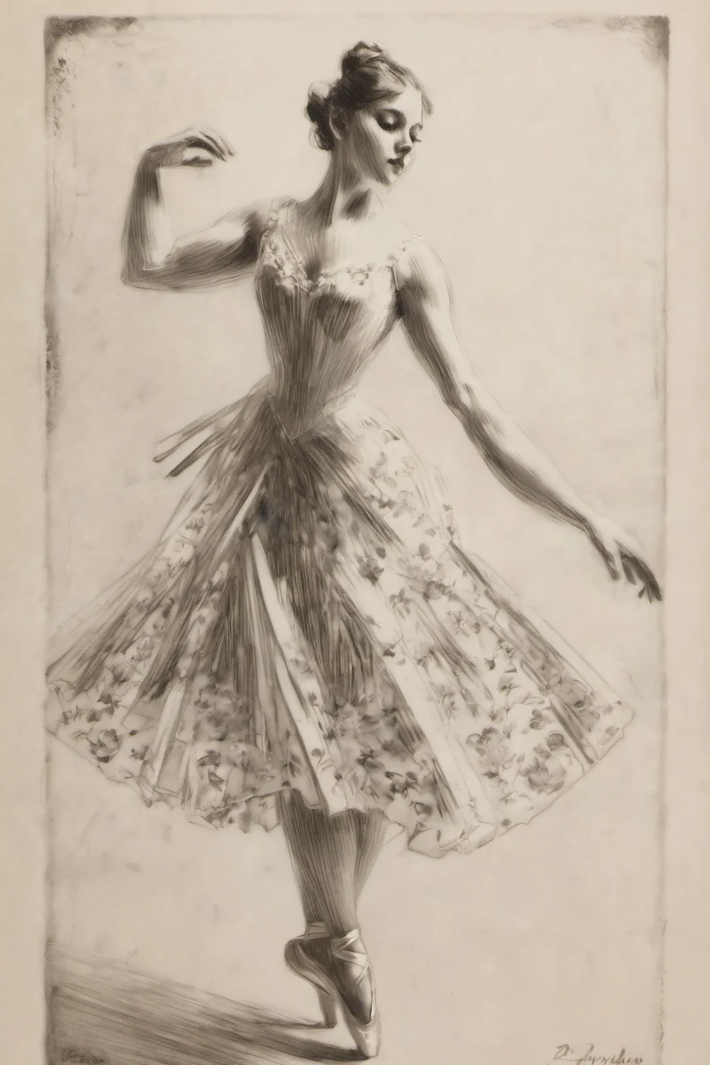 best quality, traditional media, pencil sketch style, zorn, 1 girl, dancing, ballet dressï¼full body, ballet slippers, ,portrait, floral<lora:zorn:1>