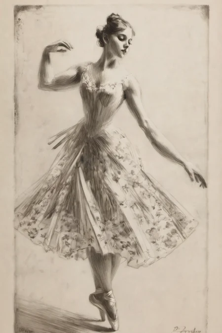 best quality, traditional media, pencil sketch style, zorn, 1 girl, dancing, ballet dressï¼full body, ballet slippers, ,portrait, floral<lora:zorn:1>