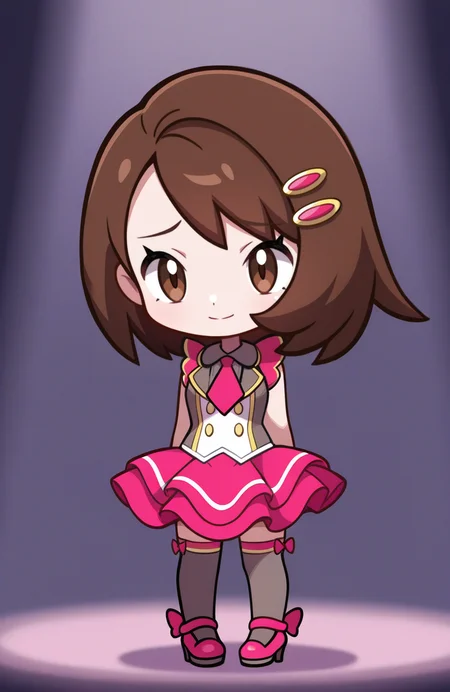 1girl, solo,
gloria \(pokemon\), brown eyes, brown hair, medium hair, idol outfit, double-breasted top, flared skirt, thighhighs, heels, rose hair clip,
standing, head slightly bowed, soft smile, sad, soft lighting, <lora:ShantaeChibi:1> shntchibi, chibi, extremely detailed, highres, masterpiece, best quality