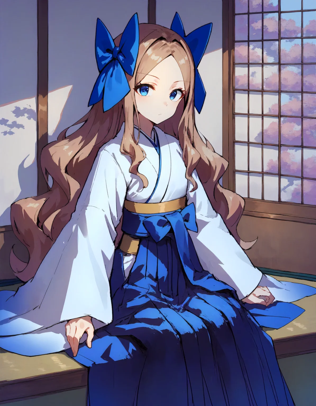 score_9,score_8_up,score_7_up,source_anime,
1girl,solo,looking at viewer,sitting,dormitory,indoors,
<lora:asakaze_ponyXLV6:0.6>,kcaskz,light brown hair,long hair,wavy hair,parted bangs,forehead,
blue eyes,blue bow,
japanese clothes,white kimono,blue hakama skirt,
<lora:Impressionism Oil Painting Style LoRA_Pony XL v6:1>