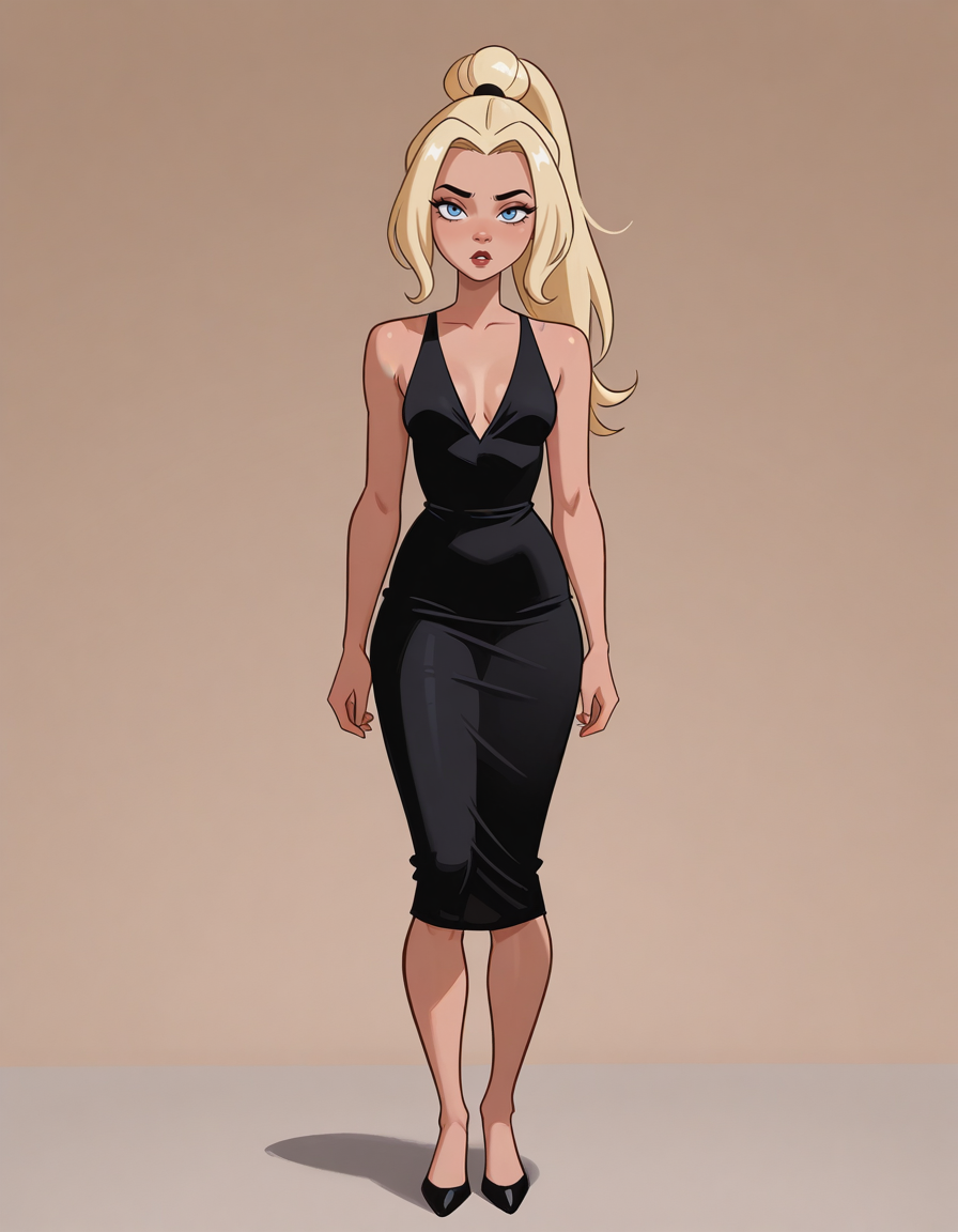 <lora:DarciMasonILSAS:1> DarciMasonILSAS, 1girl, blonde hair, ponytail, blue eyes, black dress, solo, facing viewer, looking at viewer, standing, full body simple background, (masterpiece, best quality:1.2), amazing quality, absurdres, (beautiful:1.2)
