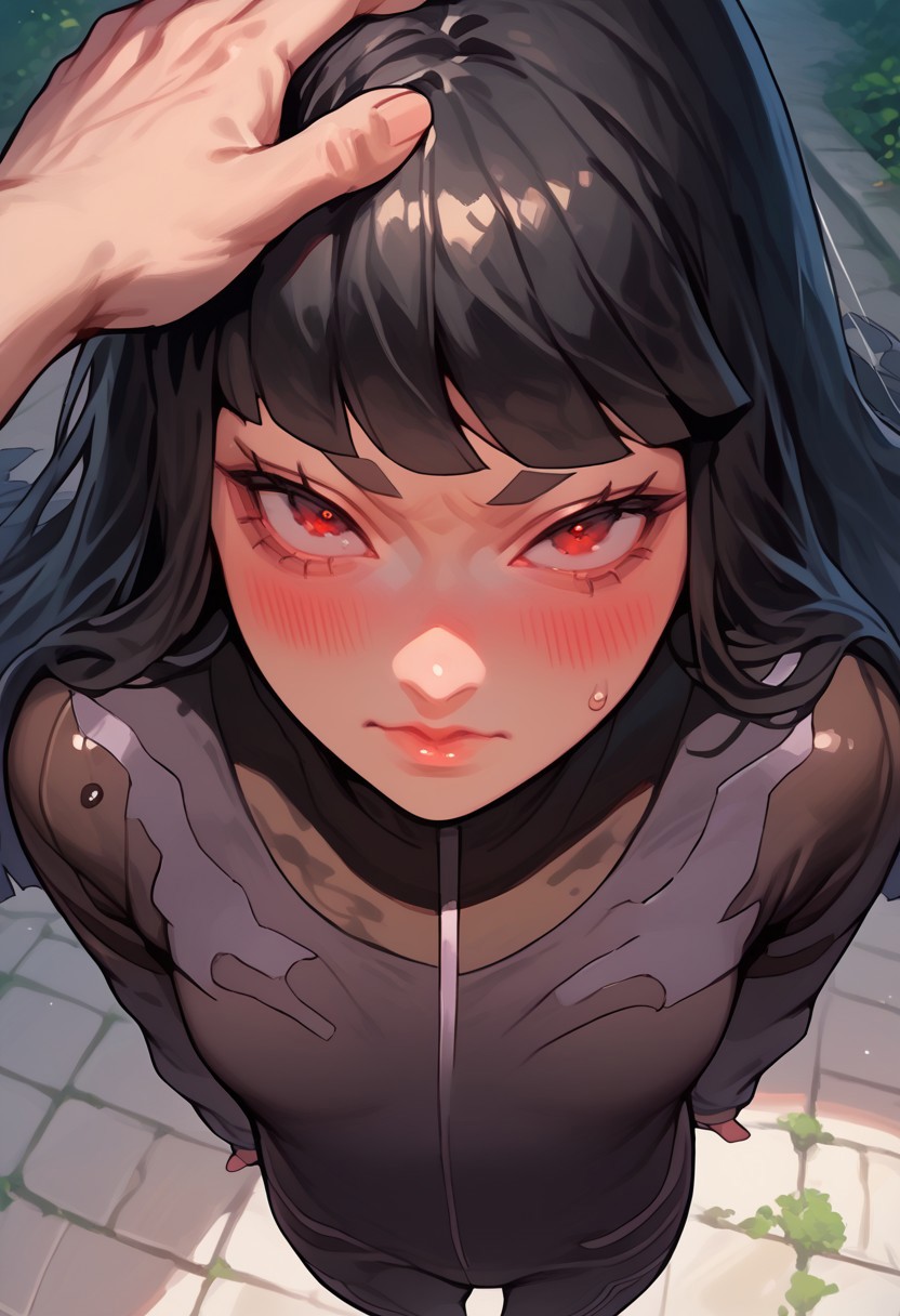 score_9, score_8_up, score_7_up, y0tt4, 1girl, solo,  
tokismtiva, long hair, black hair, blunt bangs, red eyes, bodysuit, blush, in pleasure, pov hand, patting head, from above, standing