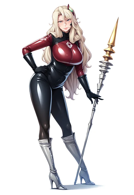 score_9, score_8_up, score_7_up, score_6_up, uncensored,  BREAK,
Eliza Perlman, standing, full body, holding, naginata, polearm, from side, hand on own hip,
1girl, mature female, solo,
looking at viewer, determined, blush, smirk,
blonde hair, long hair, lips, blue eyes, headset, mole under eye, mole under mouth,
black bodysuit, red bodysuit, black gloves, knee boots,
curvy, large breasts, thighs,
white background, 
<lora:Eliza Perlman3216PDXL:1>