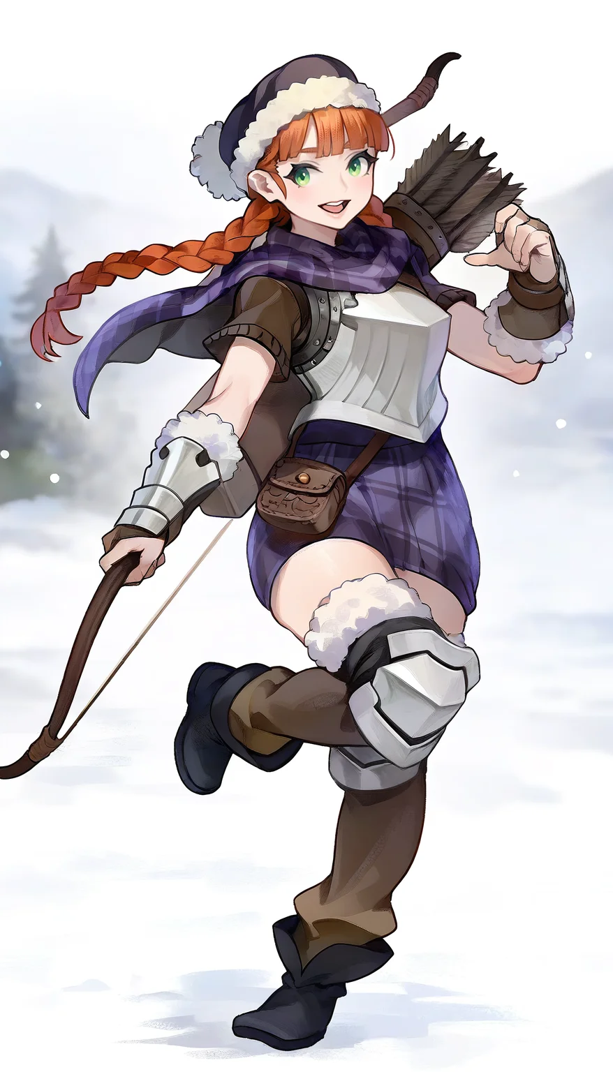 masterpiece,best quality,amazing quality,
<lora:yunifiiNAI:1>,yunifi,
1girl,solo,orange hair,purple fur hat,bangs,twin braids,green eyes,purple plaid cape,brown sweater undershirt,breastplate,purple plaid skirt,brown pouch,vambraces,knee armor,legwear with fur,black boots,quiver on back,full body,looking at viewer,open smile,standing on one leg,(holding bow \(weapon\):1.2),outdoors,snow,fog,blurry background,depth of field,soft lighting,light particles,
