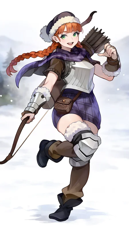masterpiece,best quality,amazing quality,
<lora:yunifiiNAI:1>,yunifi,
1girl,solo,orange hair,purple fur hat,bangs,twin braids,green eyes,purple plaid cape,brown sweater undershirt,breastplate,purple plaid skirt,brown pouch,vambraces,knee armor,legwear with fur,black boots,quiver on back,full body,looking at viewer,open smile,standing on one leg,(holding bow \(weapon\):1.2),outdoors,snow,fog,blurry background,depth of field,soft lighting,light particles,