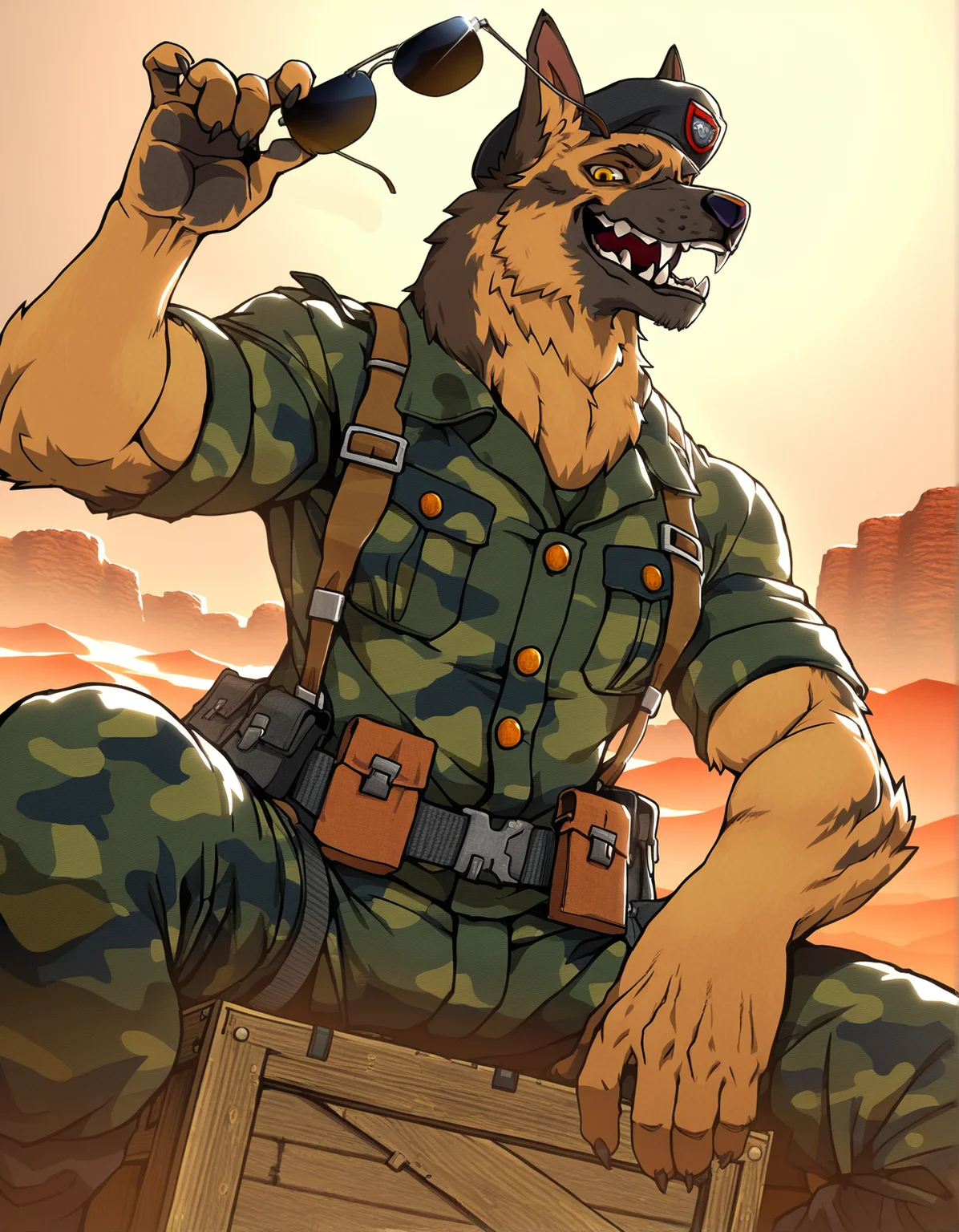 masterpiece, best quality,german shepherd, solo, anthro, mature male, looking down at viewer, holding sunglasses, military uniform, utility belt, short sleeves, camo, beret, open smile, fangs, desert, crate, pose, muscular, perspective, detailed background, yellow eyes, sitting on crate, ((low-angle view)), backlighting, smug expression, smile,
<lora:HaroldAndWilly_noob-1.11:1>